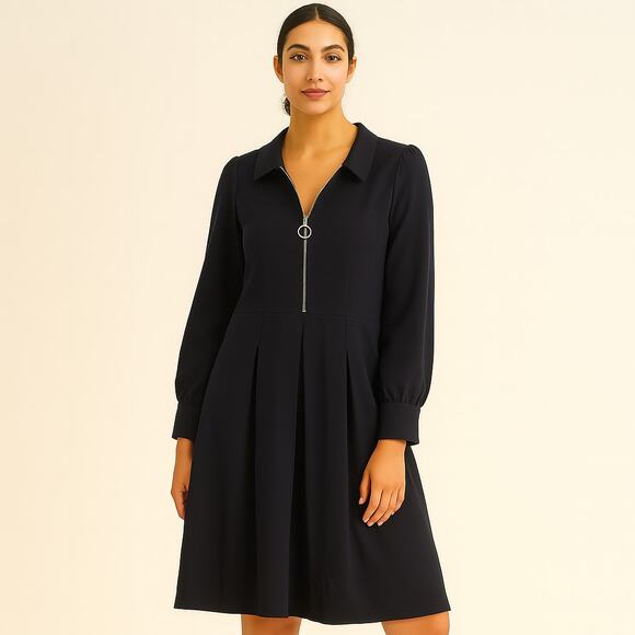 ME+EM Zip Front Fit & Flare Long Sleeve Collared Midi Dress Black 16 - Picture 1 of 12